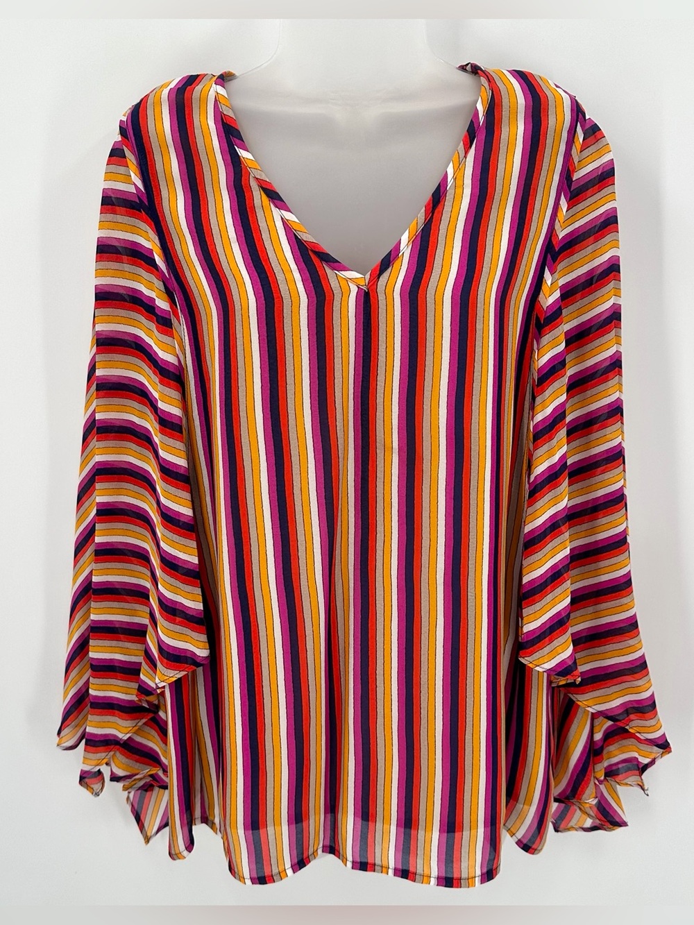 Trina Turk Blouse Women’s M Multi Pagoda Stripe Top Flutter Flowy 185101 READ